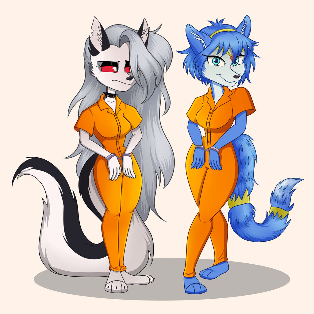 anthro bound canid canid_demon canine demon duo female fox grumpy handcuffed handcuffs hellhound helluva_boss krystal loona_(helluva_boss) mammal nintendo percibey prison_jumpsuit prison_uniform prisoner restraints shackles smile star_fox video_games