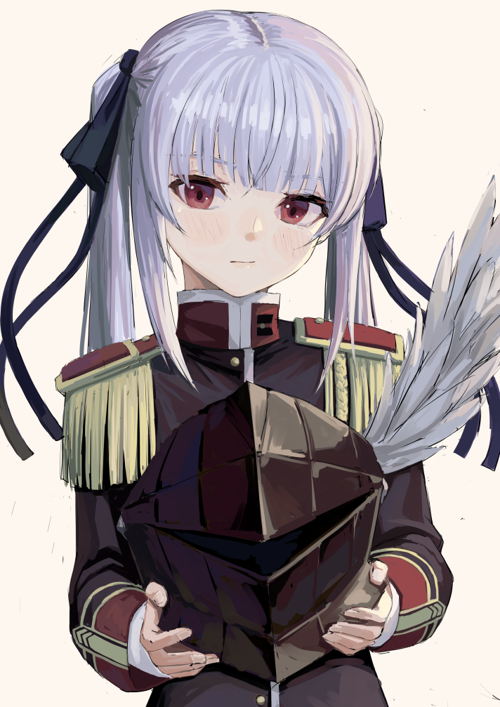 1girl bangs blunt_bangs blush closed_mouth commentary_request epaulettes fagi_(kakikaki) fingernails hair_ribbon head_tilt helmet holding holding_helmet lisa_eostre long_hair long_sleeves looking_at_viewer red_eyes revision ribbon silver_hair solo turtleneck twintails walkure_romanze