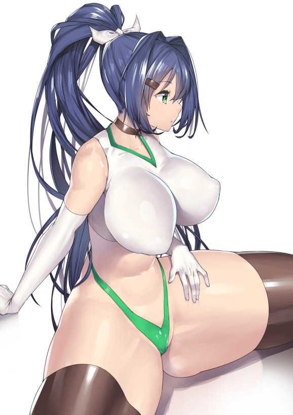 1girl bare_shoulders blue_hair breasts buruma elbow_gloves gloves green_buruma green_eyes gym_uniform hair_intakes hair_ornament hairclip high_ponytail highleg highleg_buruma impossible_clothes large_breasts long_hair looking_to_the_side nagase_haruhito nagase_haruhito's_green_gym_girl original ponytail simple_background solo spread_legs thighhighs very_long_hair white_background white_gloves