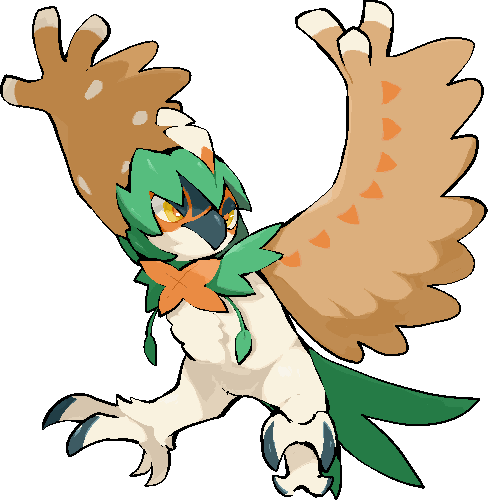 arms_up beak closed_mouth commentary_request decidueye full_body kawaanago looking_to_the_side lowres no_humans orange_pupils pokemon pokemon_(creature) solo talons transparent_background yellow_eyes