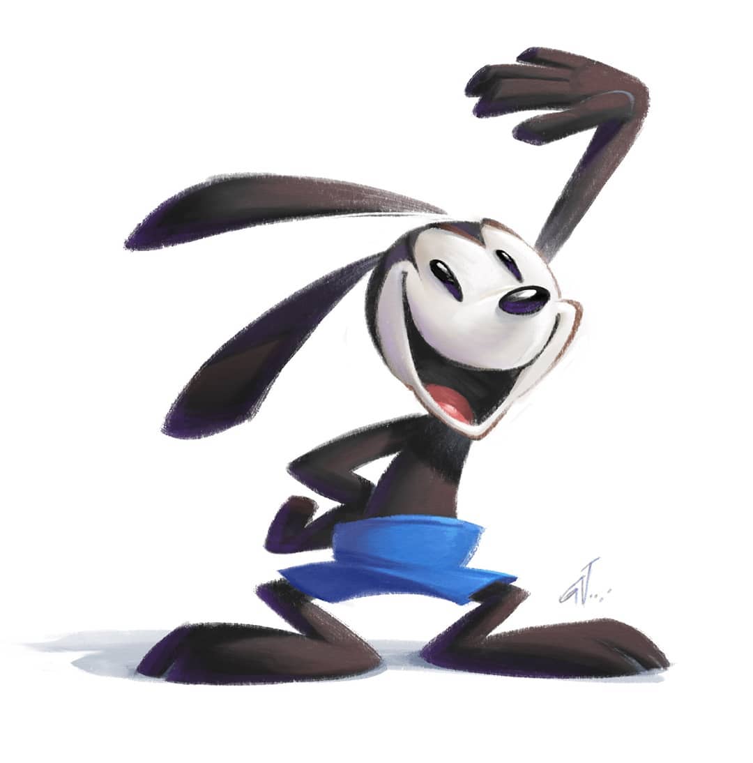 anthro black_body black_eyes black_fur black_nose bottomwear clothed clothing disney fur gesture hand_on_hip happy lagomorph leporid male mammal oswald_the_lucky_rabbit partially_clothed rabbit retro shorts signature simple_background smile solo standing toony unknown_artist vintage waving waving_at_viewer waving_hand white_background white_body white_fur
