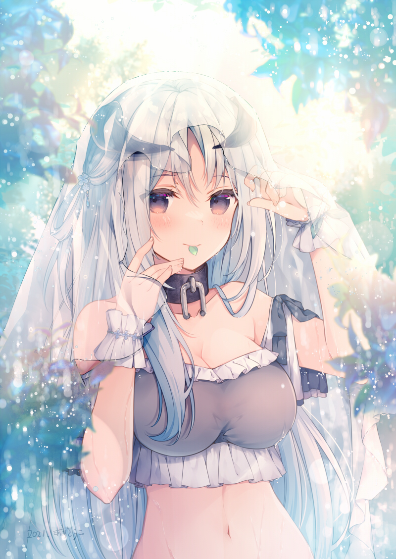 1girl azu_torako bangs banned_artist bare_shoulders blurry blurry_foreground blush breasts brown_eyes cleavage commentary depth_of_field eyebrows_visible_through_hair frills grey_hair hair_between_eyes hands_up horns leaf long_hair medium_breasts mouth_hold navel original parted_bangs see-through solo symbol-only_commentary veil very_long_hair