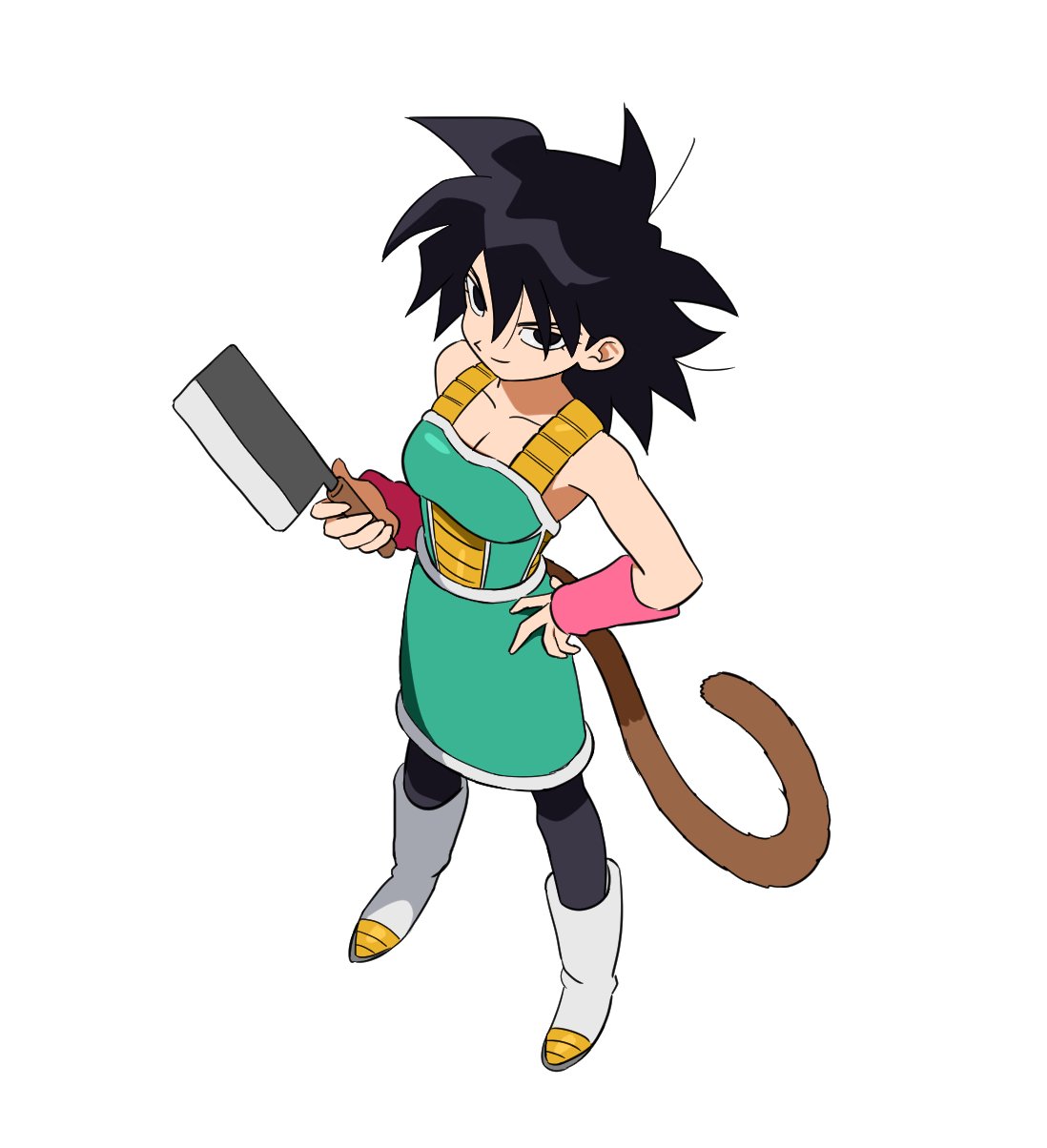 1girl ankle_boots armor bare_arms black_eyes black_hair black_legwear boots breastplate breasts butcher_knife closed_mouth collarbone dragon_ball dragon_ball_minus dragon_ball_super dragon_ball_super_broly from_above full_body gine green_skirt hair_strand hand_on_hip hand_up highres holding holding_knife knife lado_(rado) legs_apart looking_at_viewer looking_up medium_breasts medium_hair messy_hair monkey_tail pantyhose pink_wristband simple_background skirt smile solo standing tail tsurime white_background white_footwear wristband