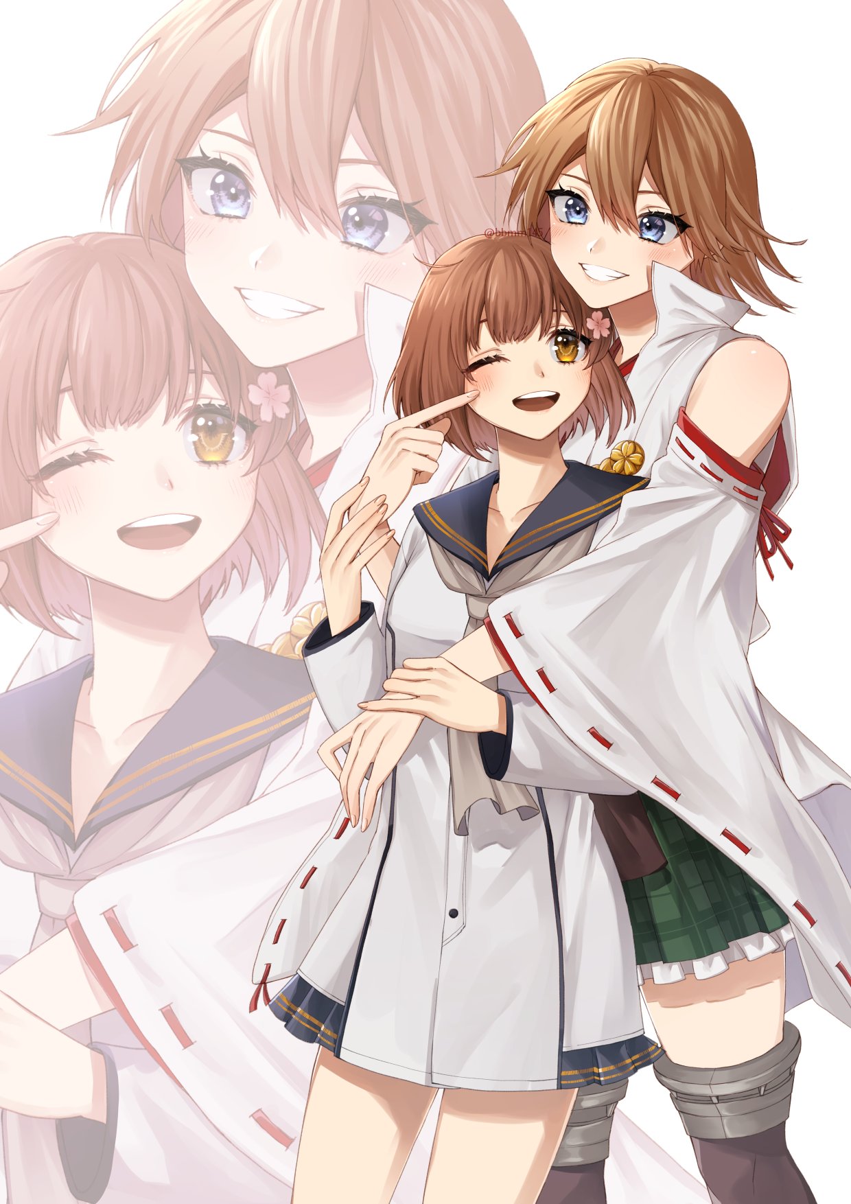 2girls ;d blue_eyes boots brown_eyes brown_hair cherry_blossoms commission cowboy_shot dress flower green_skirt grey_neckwear hair_flower hair_ornament hiei_(kancolle) highres kantai_collection looking_at_another machi_(ritovoyage) multiple_girls nontraditional_miko one_eye_closed plaid plaid_skirt remodel_(kantai_collection) sailor_dress short_hair skeb_commission skirt smile thigh_boots thighhighs white_background wide_sleeves yukikaze_(kancolle)