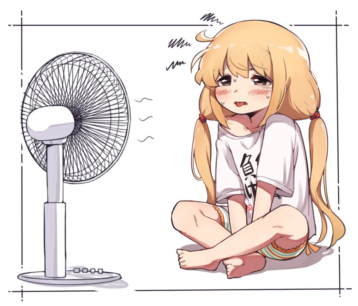 1girl bangs barefoot blonde_hair blush brown_eyes clothes_writing crossed_legs electric_fan futaba_anzu hair_between_eyes hot idolmaster idolmaster_cinderella_girls korean_commentary long_hair low_twintails mg_pong shirt short_sleeves shorts simple_background sitting solo squiggle striped striped_shorts sweat t-shirt twintails white_background you_work_you_lose