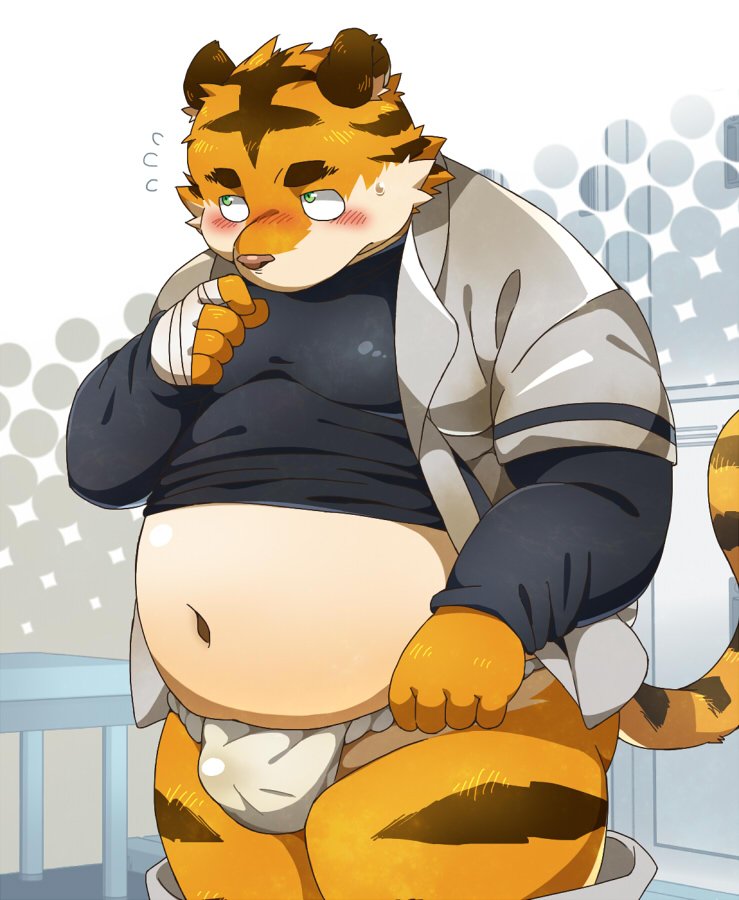 anthro asian_clothing baseball_uniform belly big_belly blush bodily_fluids bottomless clothed clothing east_asian_clothing felid fundoshi fur humanoid_hands japanese_clothing kemono male mammal moobs navel nikiciy overweight overweight_anthro overweight_male pantherine shirt simple_background solo sportswear sweat tiger topwear underwear uniform yellow_body yellow_fur