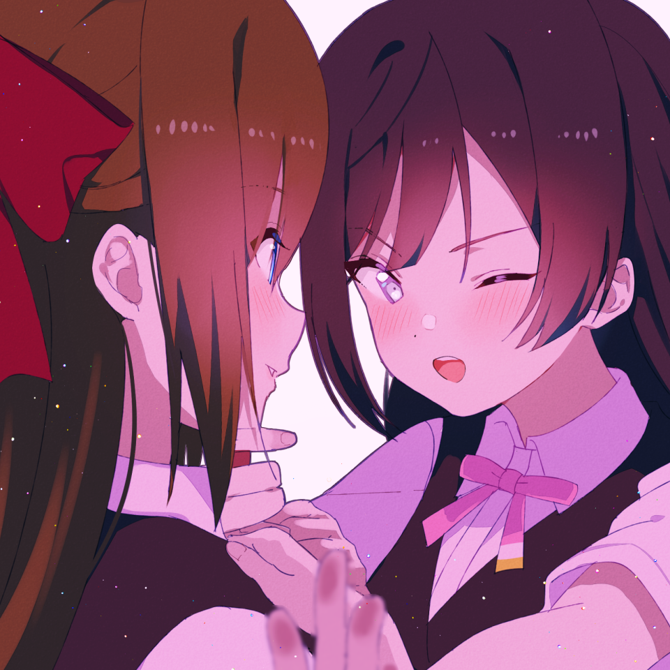 2girls bangs black_eyes black_hair blue_eyes bow brown_hair collared_shirt grey_eyes hair_bow half_updo hand_on_another's_chin long_hair love_live! love_live!_nijigasaki_high_school_idol_club multiple_girls neck_ribbon nijigasaki_academy_uniform one_eye_closed ousaka_shizuku ponytail red_bow red_neckwear ribbon sellel shirt sidelocks summer_uniform white_shirt yuri yuuki_setsuna_(love_live!)