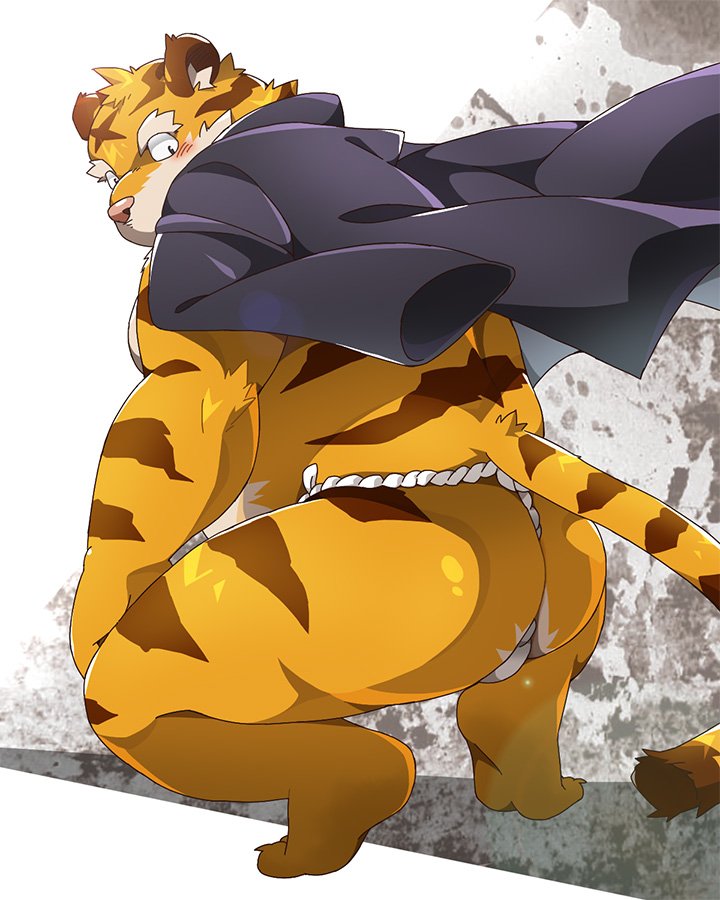 anthro asian_clothing belly blush bodily_fluids bottomless butt clothed clothing crouching east_asian_clothing felid fundoshi fur humanoid_hands japanese_clothing kemono male mammal moobs mostly_nude nikiciy overweight overweight_anthro overweight_male pantherine rear_view shirt simple_background solo sweat tiger topwear underwear yellow_body yellow_fur