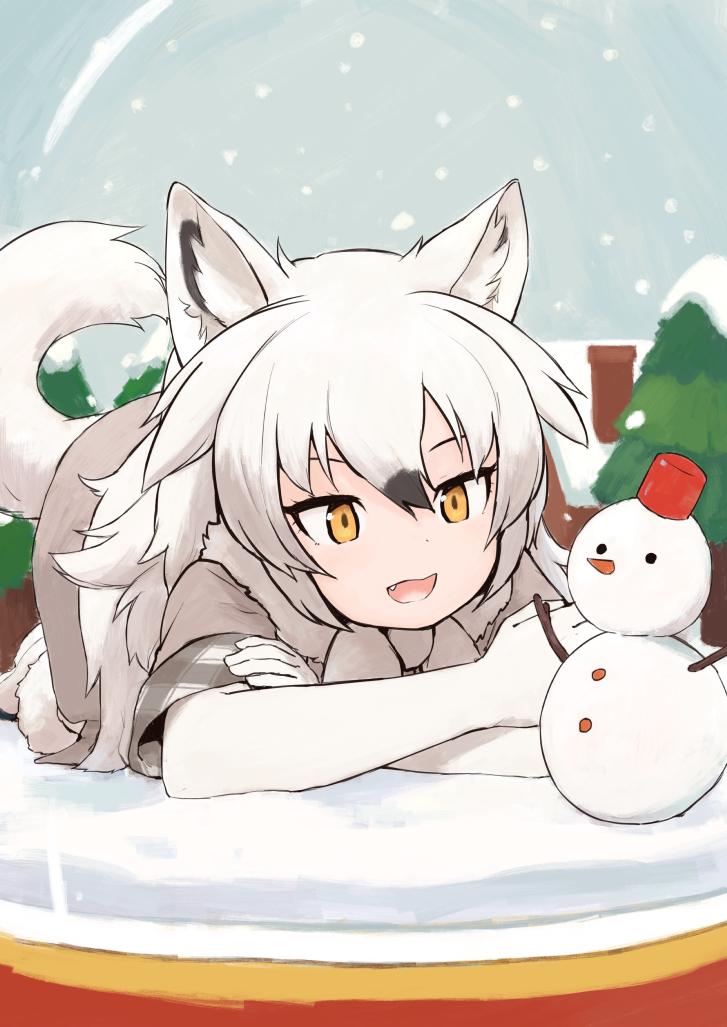 1girl animal_ears arctic_wolf_(kemono_friends) bow bowtie brown_hair elbow_gloves eyebrows_visible_through_hair fang gloves grey_jacket jacket kemono_friends long_hair multicolored_hair open_mouth plaid_trim rumenia_(ao2is) snow_globe snowman solo tail white_bow white_bowtie white_gloves white_hair wolf_ears wolf_girl wolf_tail yellow_eyes