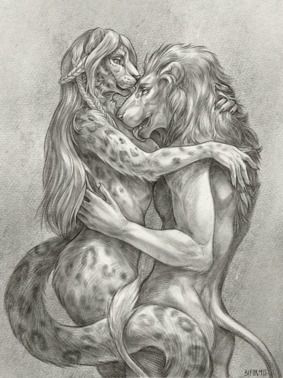 5_fingers anthro areola arm_tuft biformis braided_hair breast_lick breast_play breasts butt cheek_tuft claws duo elbow_tuft facial_tuft felid female fingers greyscale hair hand_on_arm hand_on_hip hi_res hybrid licking licking_another licking_muzzle lion long_hair looking_at_another male mammal mane markings monochrome neck_tuft nude pantherine signature spots spotted_markings standing tail_tuft teeth tongue tongue_out tuft