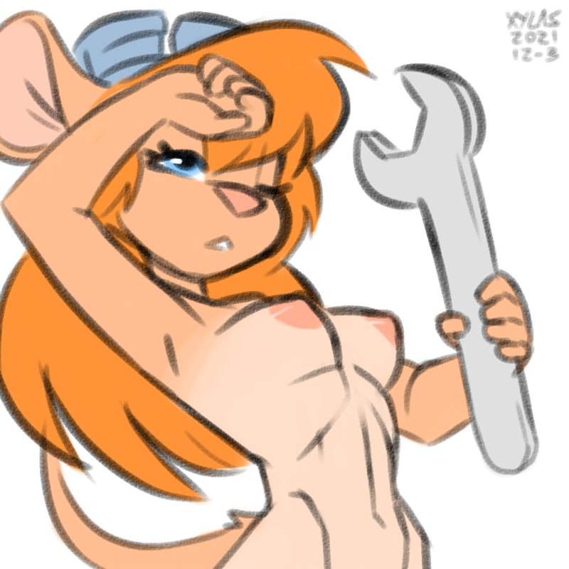 anthro breasts chip_'n_dale_rescue_rangers disney eyewear eyewear_on_head female gadget_hackwrench goggles goggles_on_head holding_object mammal mouse murid murine nipples nude rodent solo suntan tan_line tools wrench xylas