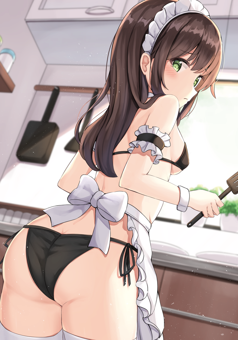 1girl apron ass bangs black_bra black_panties blush bow bra breasts brown_hair closed_mouth commentary_request cooking copyright_request cowboy_shot eyebrows_visible_through_hair frilled_apron frills green_eyes holding holding_ladle indoors keiran_(ryo170) kitchen ladle long_hair looking_at_viewer looking_back maid maid_headdress medium_breasts panties side-tie_panties solo standing thighhighs underwear waist_apron white_apron white_bow white_legwear wrist_cuffs