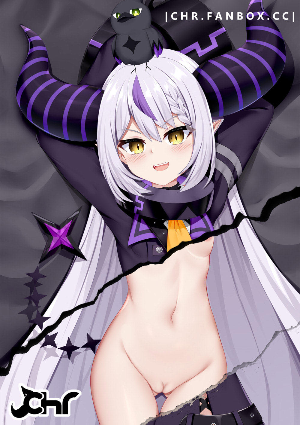 1girl :d animal areola_slip areolae ass_visible_through_thighs bangs bed_sheet bird black_dress braid breasts censored chrisandita crow crow_(la+_darknesss) demon_horns dress eyebrows_visible_through_hair fangs groin hair_between_eyes highres hololive horns la+_darknesss long_hair long_sleeves looking_at_viewer mosaic_censoring multicolored_hair page_tear pointy_ears purple_hair pussy revealing_layer silver_hair sleeves_past_fingers sleeves_past_wrists small_breasts smile solo streaked_hair teeth thigh_gap upper_teeth very_long_hair virtual_youtuber watermark web_address yellow_eyes