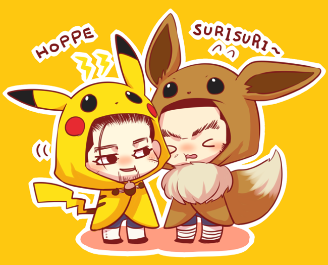 &gt;_&lt; 2boys aetio beard black_eyes black_hair blush buzz_cut chibi cosplay eeve_costume eevee eevee_(cosplay) facial_hair golden_kamuy hair_strand heads_together long_sideburns looking_at_another male_focus motion_lines multiple_boys ogata_hyakunosuke pikachu pikachu_(cosplay) pikachu_costume pokemon short_hair sideburns smile stubble tanigaki_genjirou thick_eyebrows translation_request very_short_hair