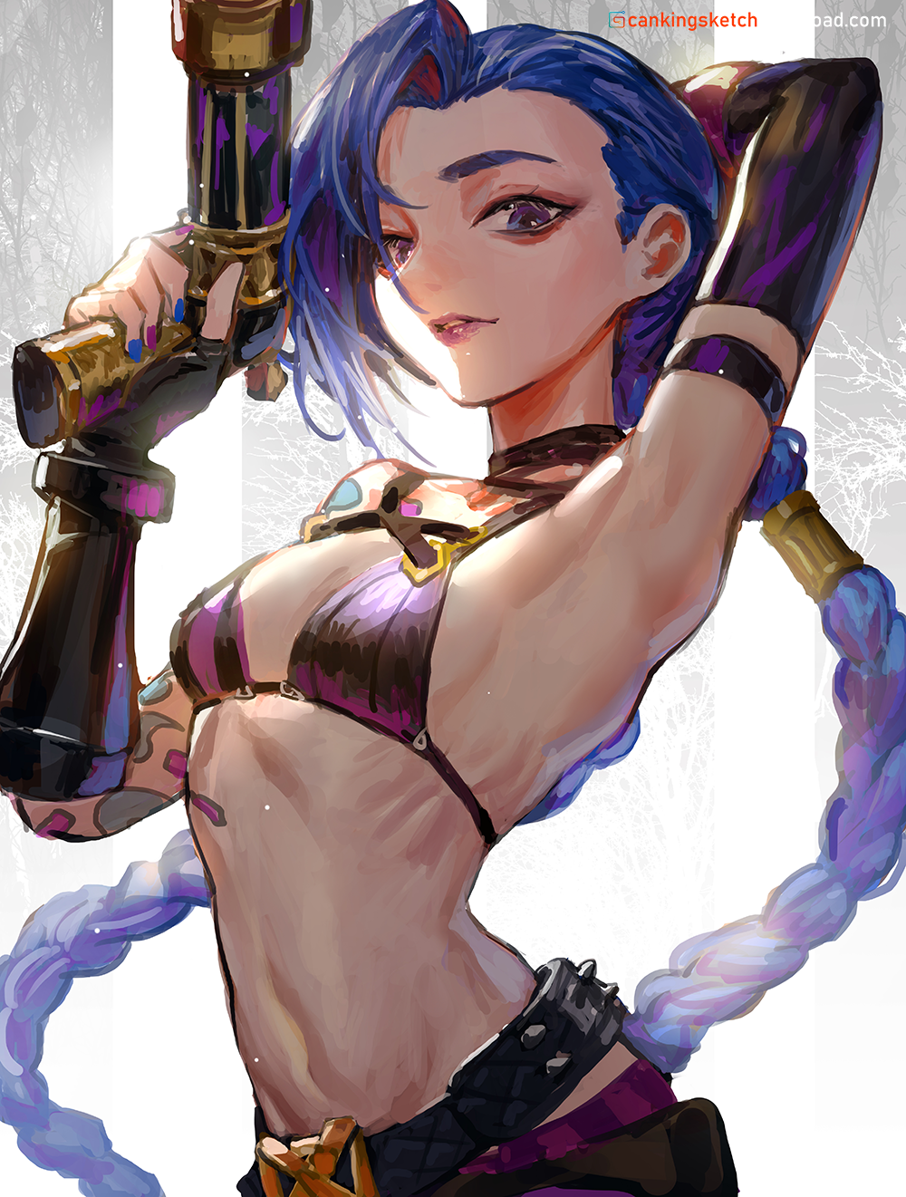 1girl arched_back arm_behind_head arm_up armpits artist_name asymmetrical_bangs bangs belt blue_hair braid breasts cloud_tattoo commentary_request danann fingerless_gloves gloves grey_background gun hand_up highres holding holding_gun holding_weapon jinx_(league_of_legends) league_of_legends long_hair looking_at_viewer pants parted_lips pink_eyes pink_pants presenting_armpit purple_belt small_breasts solo striped striped_pants teeth twin_braids weapon