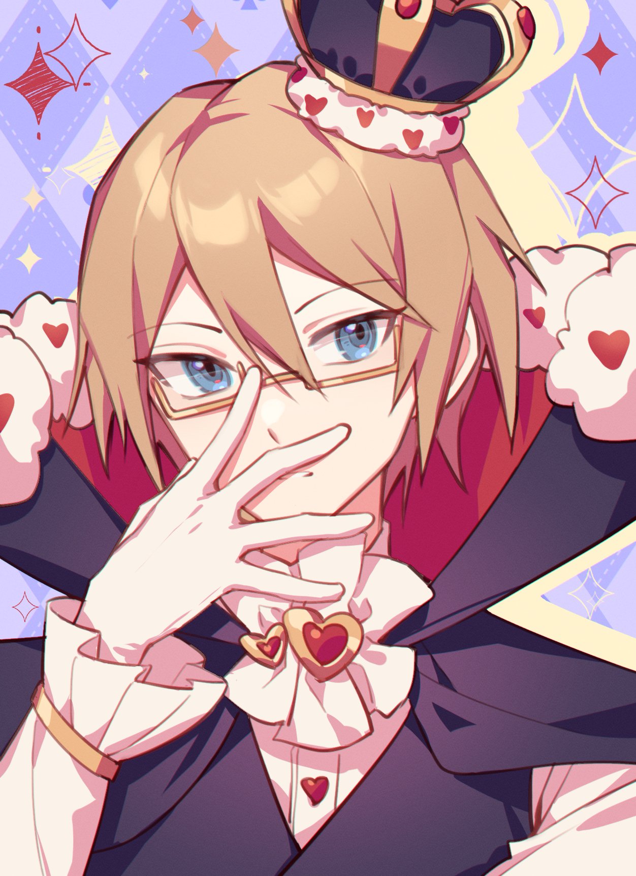 1boy bangs blonde_hair blue_background blue_eyes commentary crown danganronpa:_trigger_happy_havoc danganronpa_(series) ewa_(seraphhuiyu) fur_trim gloves gold hand_up heart highres long_sleeves male_focus portrait royal semi-rimless_eyewear shiny shiny_hair short_hair solo star_(symbol) tilted_headwear togami_byakuya two-tone_background white_gloves yellow-framed_eyewear