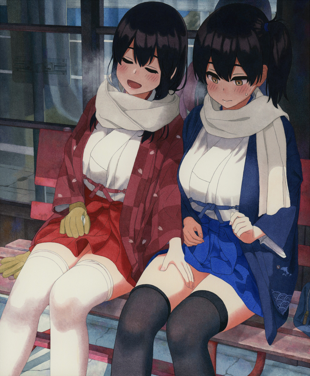 2girls akagi_(kantai_collection) bangs bench black_hair black_legwear brown_eyes brown_gloves commentary_request eyes_closed gloves gloves_removed hakama hakama_skirt hand_on_another's_thigh highres japanese_clothes kaga_(kantai_collection) kantai_collection long_hair long_sleeves multiple_girls on_bench outdoors scarf shijukara_(great_tit) side_ponytail single_glove sitting straight_hair thighhighs white_legwear white_scarf