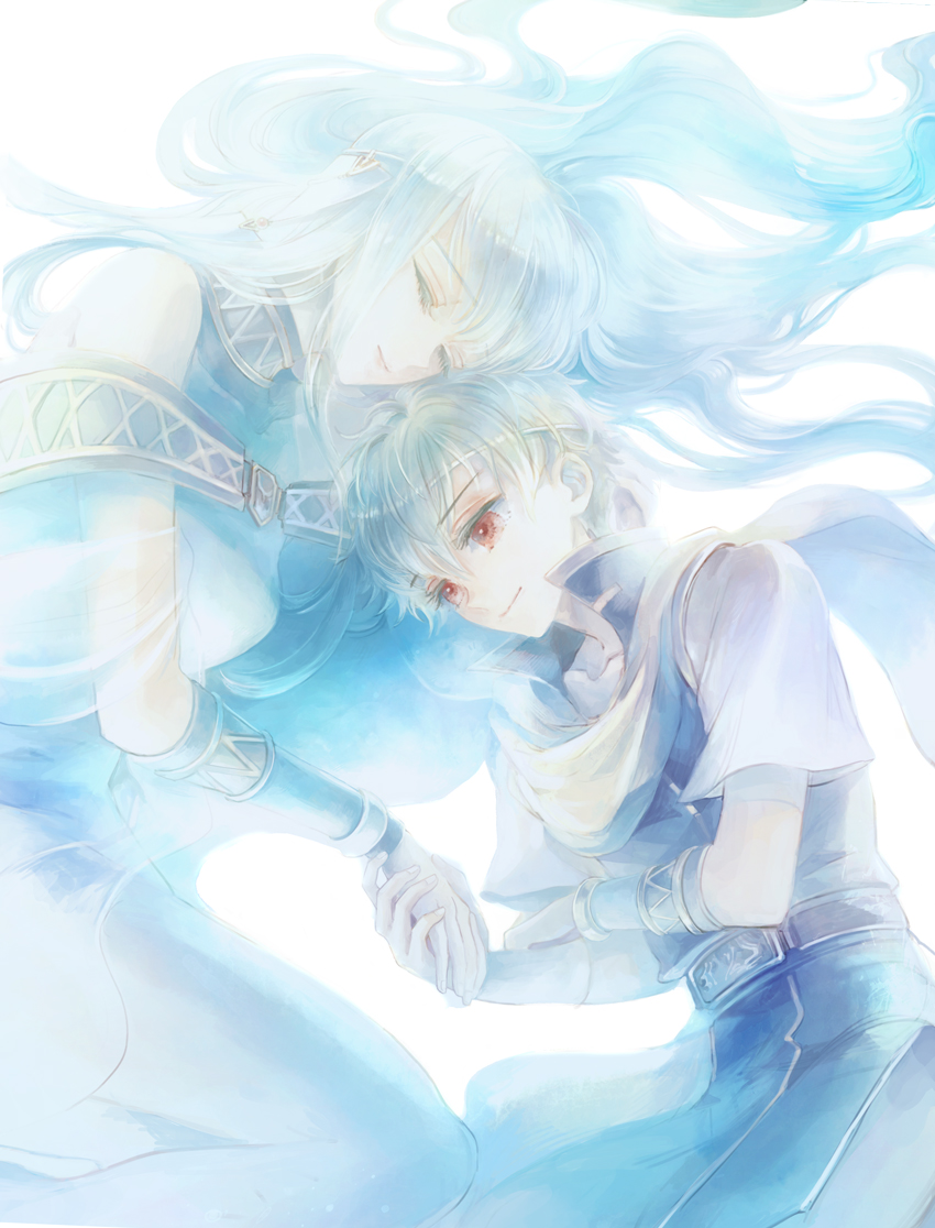 1boy 1girl aqua_hair blue_hair brother_and_sister cape circlet closed_eyes closed_mouth dress fire_emblem fire_emblem:_the_blazing_blade hair_ornament hairband headband holding_hands instrument kuzumosu long_hair lying nils_(fire_emblem) ninian_(fire_emblem) on_side red_eyes scarf short_hair siblings simple_background smile white_hairband