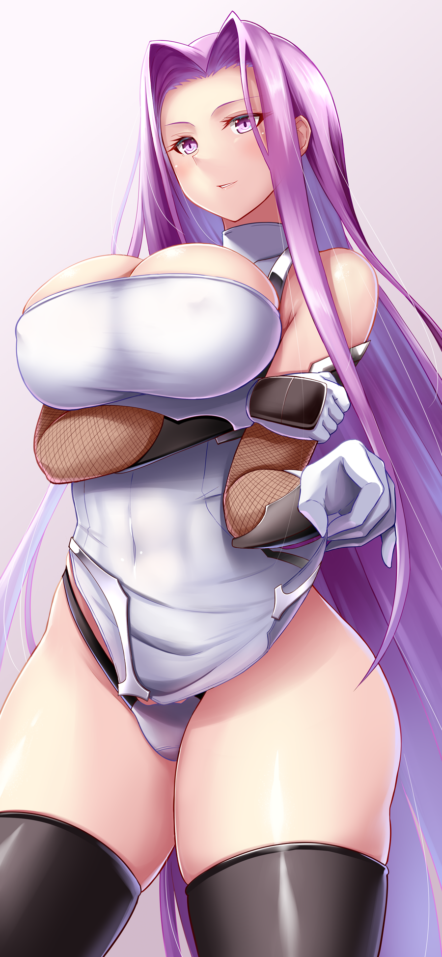 1girl arm_under_breasts black_legwear breast_hold breasts cosplay covered_navel covered_nipples fate/stay_night fate_(series) fishnets highres large_breasts long_hair medusa_(fate) medusa_(rider)_(fate) pelvic_curtain purple_eyes purple_hair shiny shiny_hair shiny_skin smile solo standing taimanin_(series) taimanin_murasaki taimanin_suit thighhighs very_long_hair yatsu_murasaki yatsu_murasaki_(cosplay) yuki_mizore