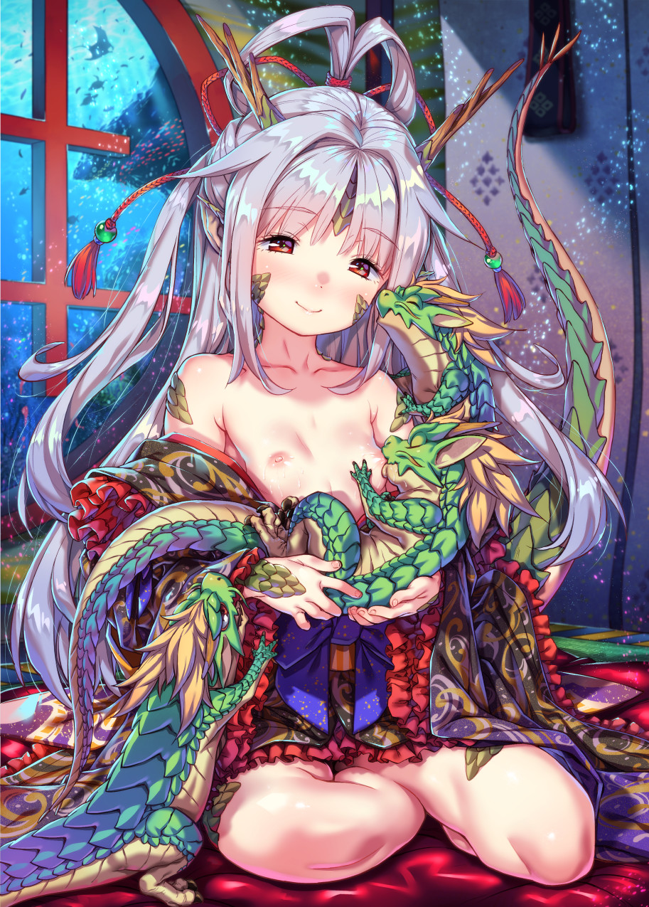 1girl air_bubble animal bare_shoulders blush breast_sucking breastfeeding breasts bubble clothes_down cover cover_image cradling dragon dragon_girl dragon_horns eyebrows_visible_through_hair frills highres holding holding_animal horns indoors kink lolibaba long_hair nipples nursing off_shoulder original pointy_ears red_eyes scales silver_hair sitting small_breasts smile solo towako_(akane_shinsha) underwater very_long_hair