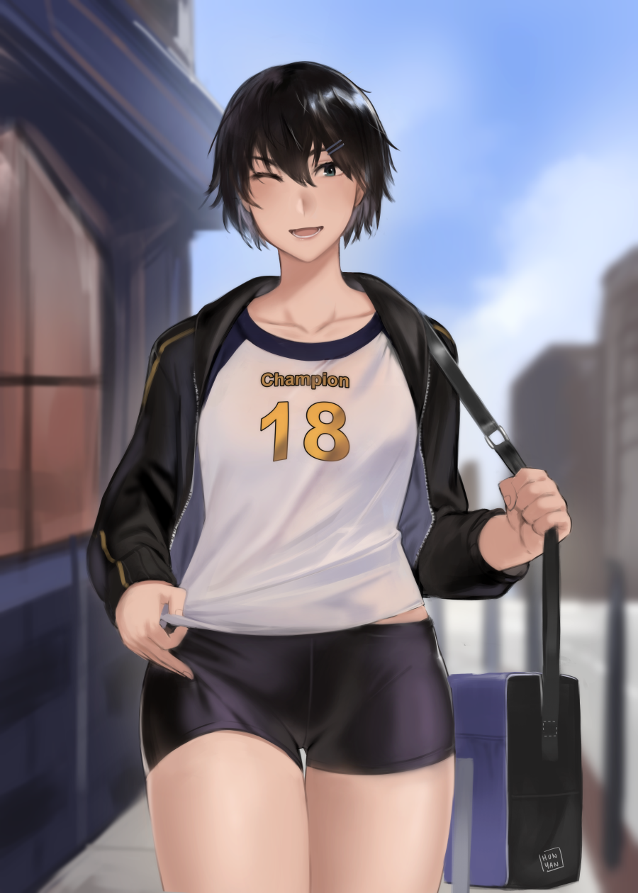 1girl bag bike_shorts black_eyes black_hair black_jacket blurry bookbag collarbone depth_of_field hair_between_eyes highres hunyan jacket looking_at_viewer one_eye_closed original school_bag shirt signature smile solo thigh_gap thighs white_shirt window