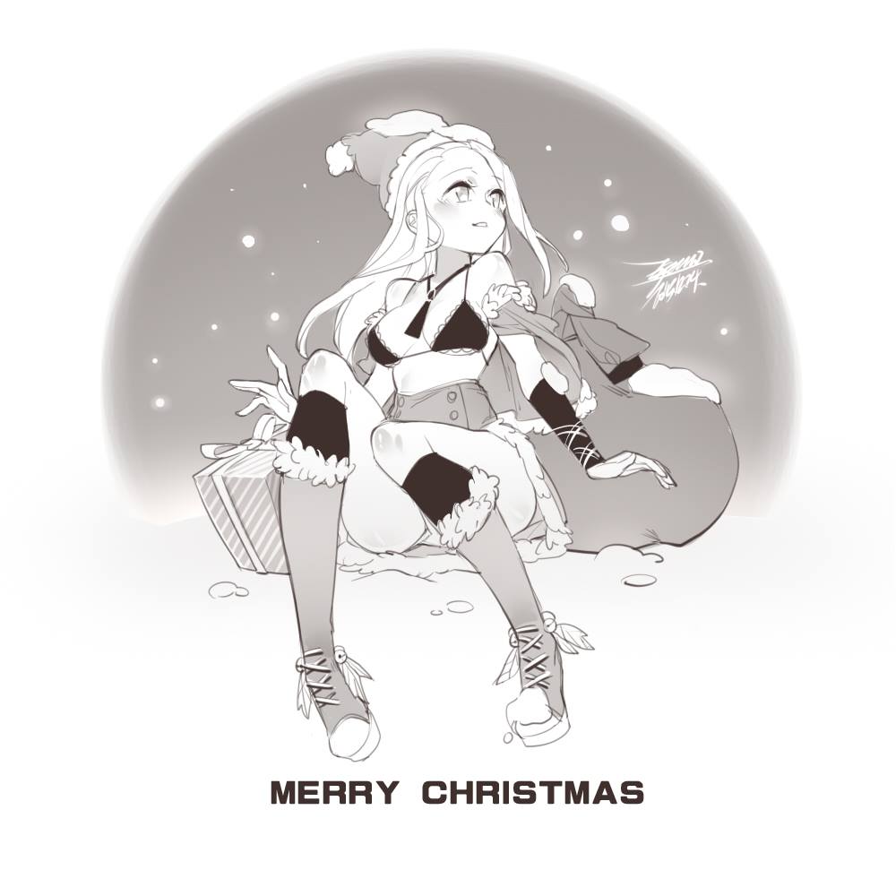 1girl bag blush breasts character_request christmas dated ejami gift hat long_hair merry_christmas monochrome santa_hat signature smile snow solo swimsuit thighhighs
