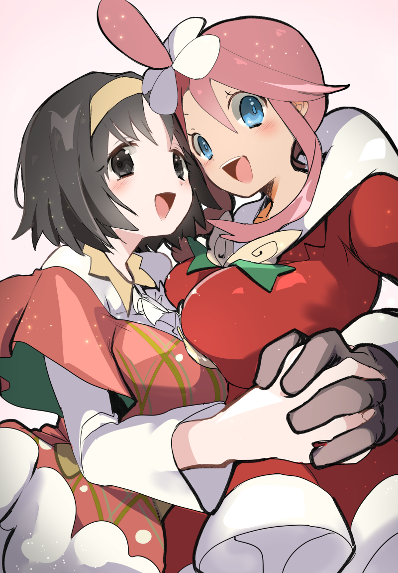 2girls black_eyes black_hair blue_eyes blush breasts chorimokki christmas erika_(pokemon) gloves hairband large_breasts long_hair looking_at_viewer multiple_girls open_mouth pokemon pokemon_(game) pokemon_bw red_hair short_hair simple_background skyla_(pokemon) smile