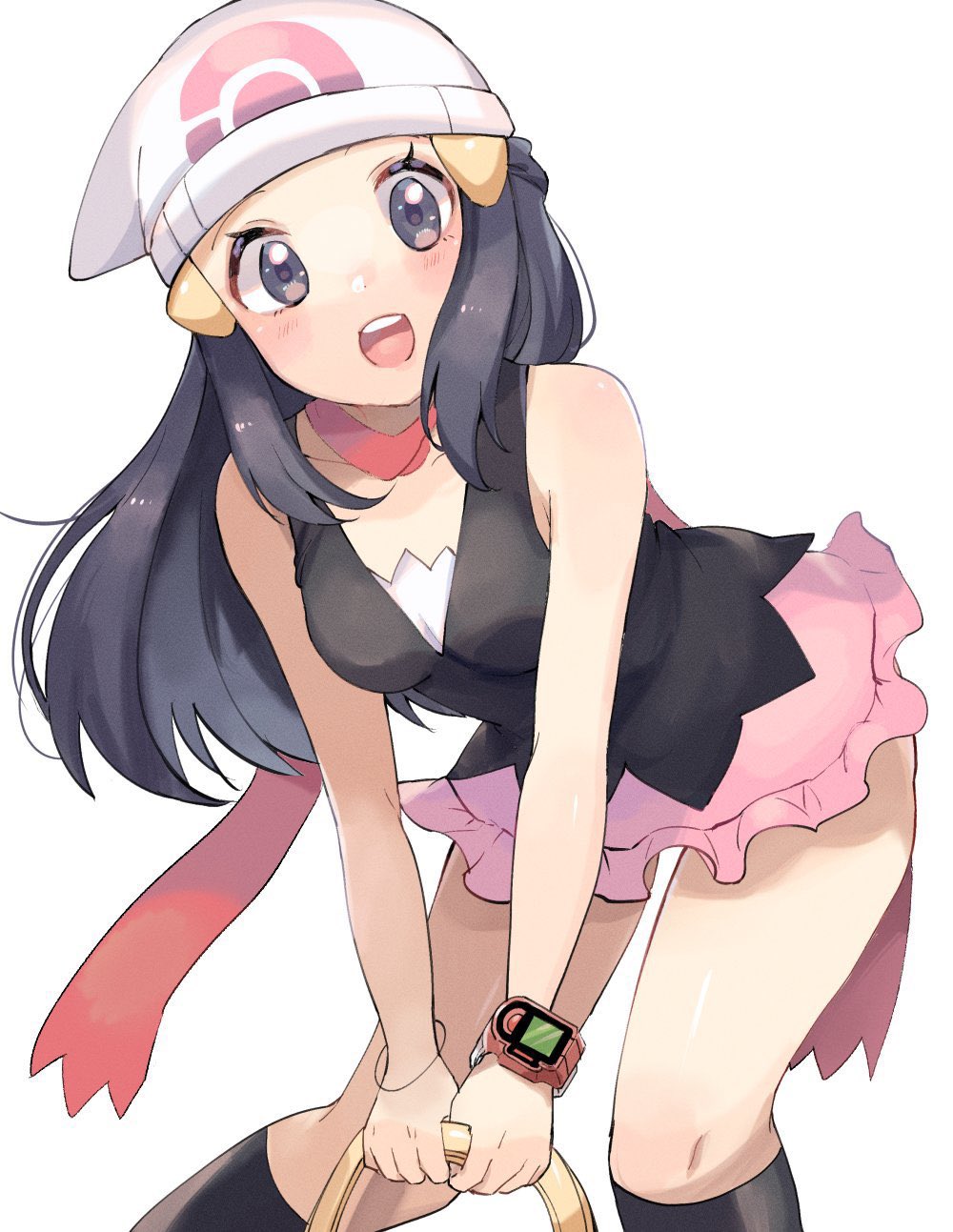 1girl :d bag beanie black_hair black_legwear black_shirt blush bracelet dawn_(pokemon) eyelashes grey_eyes hair_ornament hairclip hat highres holding holding_bag jewelry kneehighs knees long_hair open_mouth pink_skirt pokemon pokemon_(game) pokemon_dppt poketch red_scarf ririmon scarf shirt sidelocks simple_background skirt sleeveless sleeveless_shirt smile solo teeth tongue upper_teeth watch white_background white_headwear wristwatch