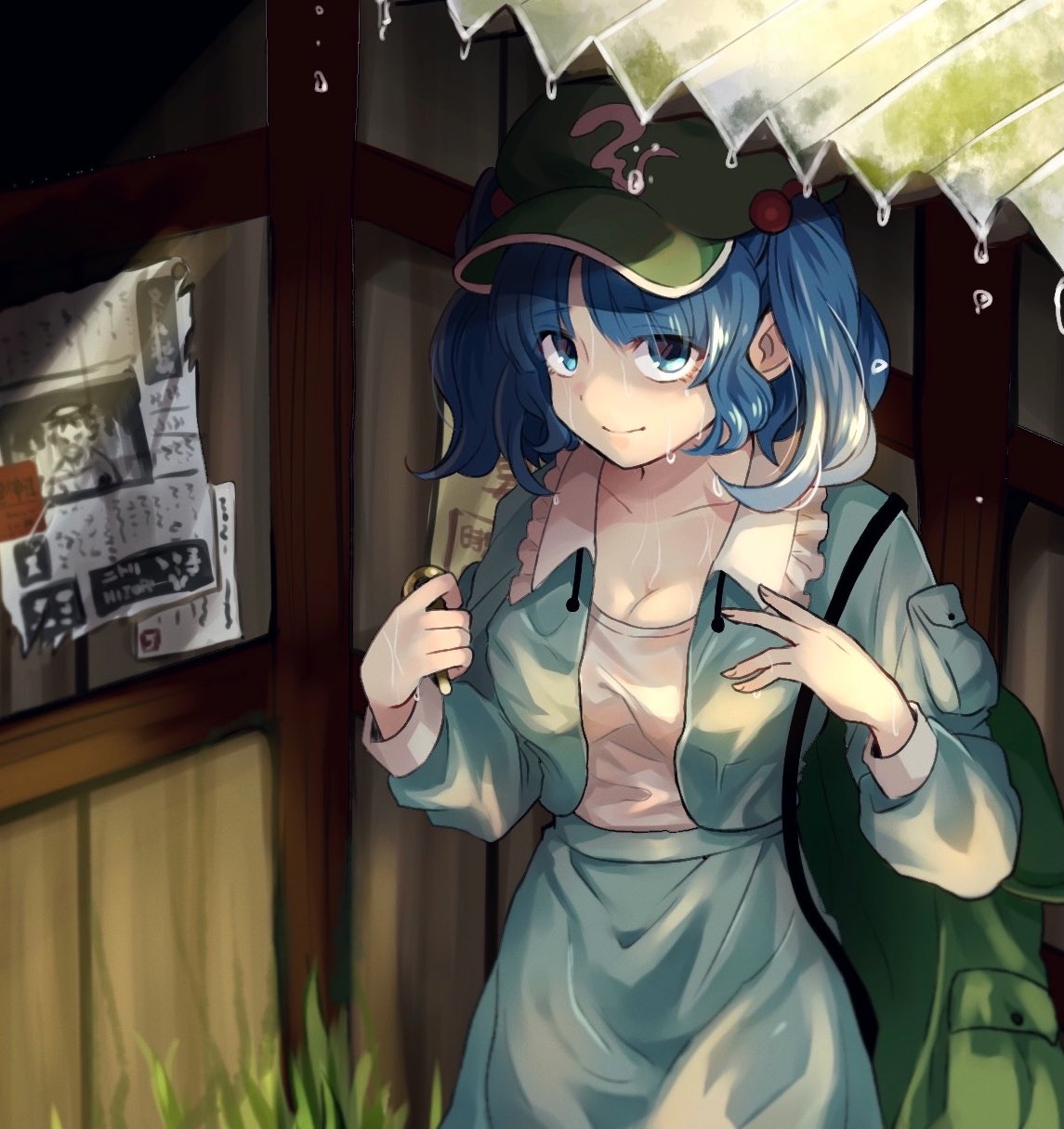 1girl backpack bag blue_eyes blue_hair blue_shirt blue_skirt breasts cleavage closed_mouth collarbone eyebrows_visible_through_hair fingernails flat_cap green_headwear hair_bobbles hair_ornament hat highres kawashiro_nitori key long_sleeves medium_breasts nr_mkn open_clothes open_shirt shirt short_hair skirt solo touhou twintails