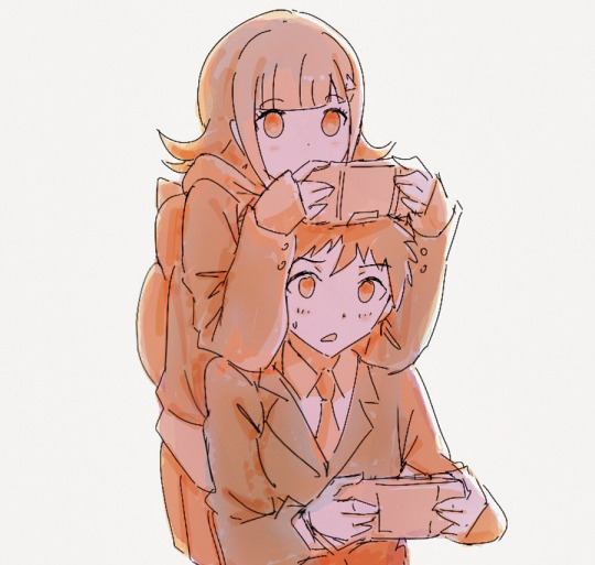 1boy 1girl alternate_color alternate_hair_ornament backpack bag bangs blunt_bangs blush brown_jacket danganronpa_(series) danganronpa_3_(anime) eyebrows_visible_through_hair flipped_hair handheld_game_console hinata_hajime holding holding_handheld_game_console hope's_peak_academy_school_uniform jacket leaning_on_person long_sleeves nanami_chiaki necktie on_shoulder open_mouth playing_games pleated_skirt qosic school_uniform sketch skirt standing triangle_hair_ornament upper_body