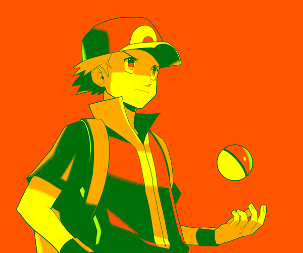 1boy backpack bag baseball_cap brown_hair closed_mouth commentary_request hat jacket jaho male_focus orange_background poke_ball poke_ball_(basic) pokemon pokemon_(game) pokemon_frlg popped_collar red_(pokemon) red_eyes red_headwear short_hair short_sleeves simple_background solo upper_body wristband
