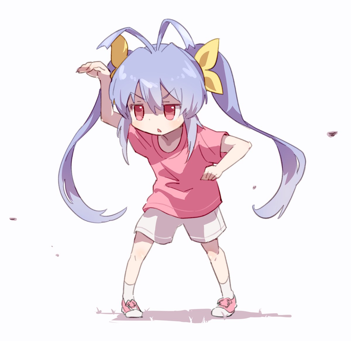 1girl :o bangs blush bow eyebrows_visible_through_hair hair_bow hair_ornament long_hair miyauchi_renge non_non_biyori purple_hair red_eyes shirt shorts simple_background solo t-shirt twintails utsubo_(utb) v-shaped_eyebrows white_background