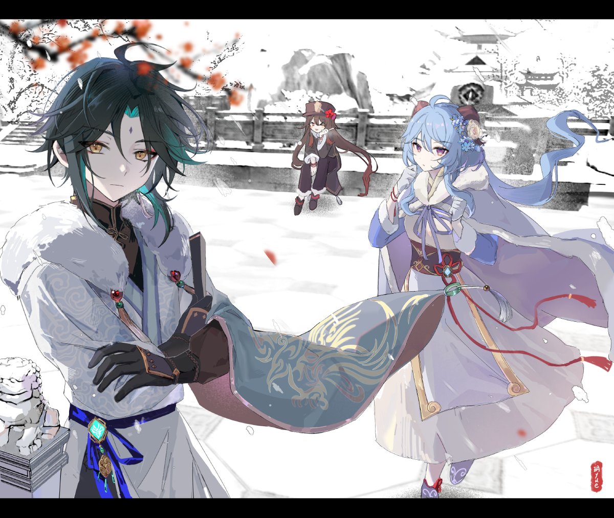 1boy 2girls :p ahoge bangs black_coat black_footwear black_gloves black_hair black_pants black_sash blue_footwear blue_gloves blue_hair blue_ribbon boots bracelet brown_hair chinese_knot closed_mouth coat commentary crossed_arms dress expressionless facial_mark flower forehead_mark ganyu_(genshin_impact) genshin_impact gloves green_hair hair_flower hair_ornament horns hu_tao_(genshin_impact) jewelry letterboxed long_hair long_sleeves looking_at_viewer multicolored_hair multiple_girls one_eye_closed pants purple_eyes ribbon sash shemika98425261 shoes short_hair sidelocks sitting smile snow streaked_hair tongue tongue_out twintails very_long_hair vision_(genshin_impact) white_coat white_dress wide_sleeves winter wrist_guards xiao_(genshin_impact) yellow_eyes