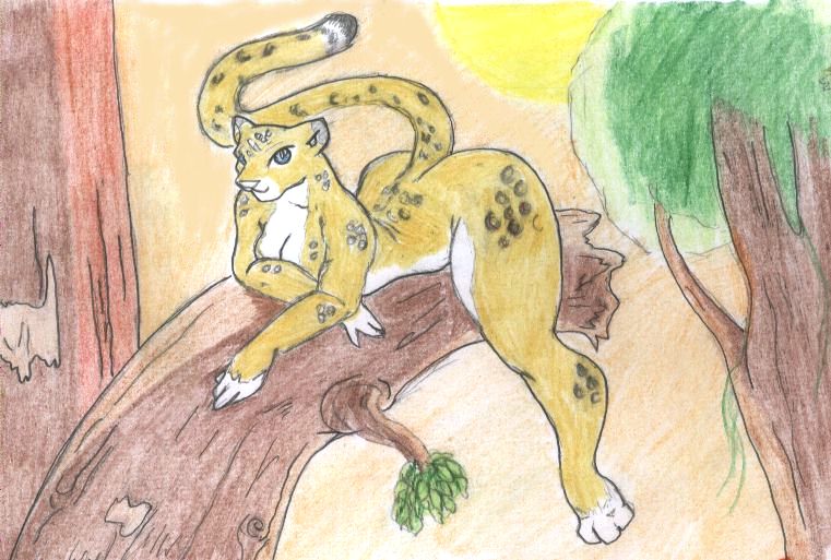 2007 anthro big_butt blue_eyes branch breasts butt danellz felid female fur in_tree leopard mammal nude on_branch pantherine plant sky solo spots spotted_body spotted_fur sun thick_thighs traditional_media_(artwork) tree