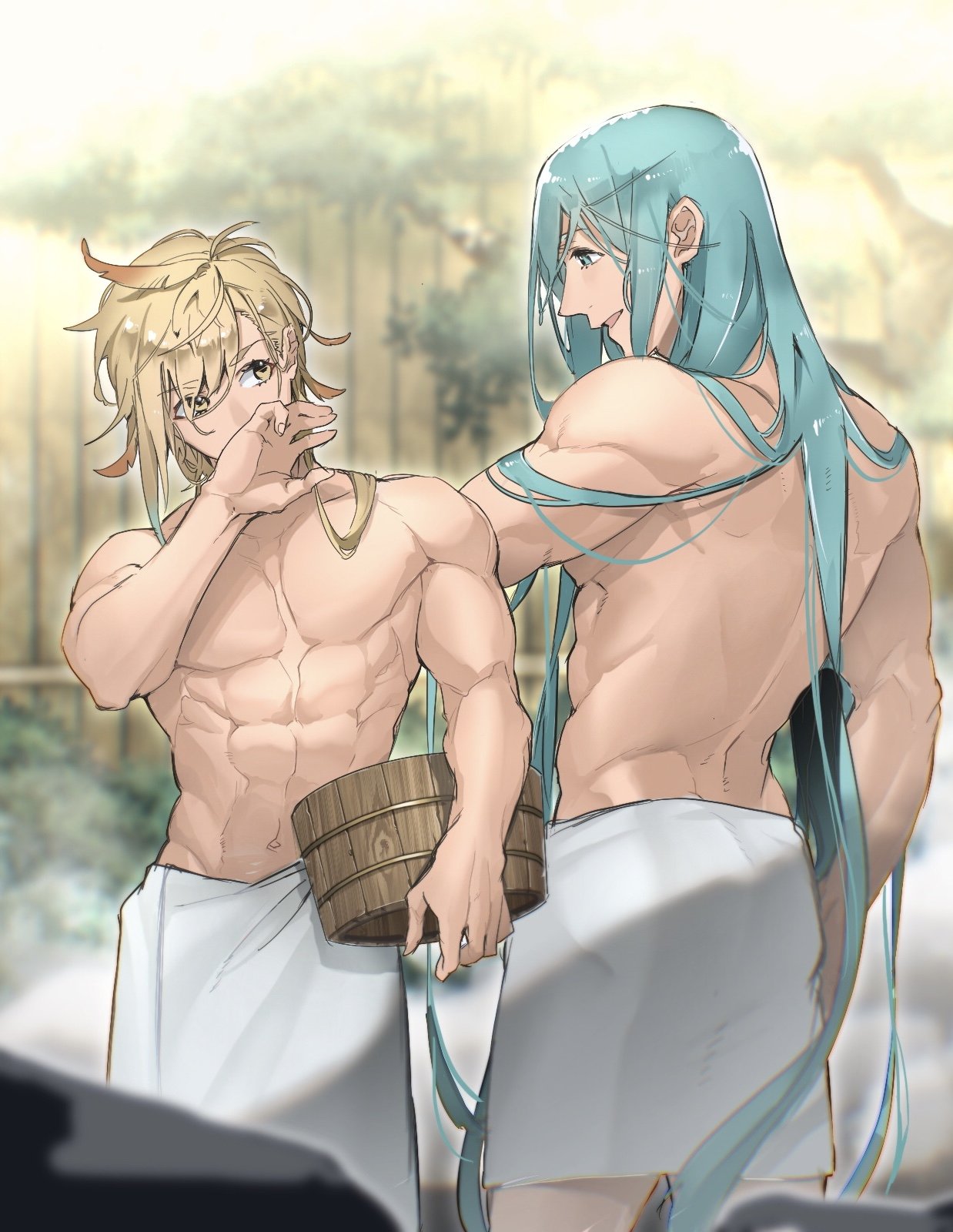 2boys abs blonde_hair blue_eyes blue_hair blurry bucket bush chiganemaru_(touken_ranbu) chiyoganemaru contrapposto covering_mouth depth_of_field fence hand_over_own_mouth highres jip long_hair looking_at_another male_focus multiple_boys navel no_nipples onsen toned toned_male touken_ranbu towel_around_waist wooden_bucket wooden_fence yellow_eyes