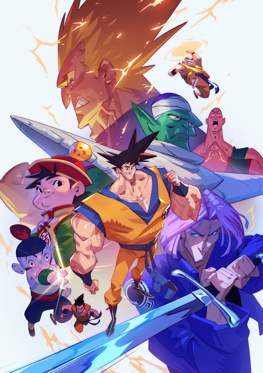 black_eyes black_hair blonde_hair chaozu colored_skin dragon_ball dragon_ball_z green_skin hat highres kuririn max_grecke multiple_boys piccolo purple_hair son_gohan son_goku sword tenshinhan trunks_(dragon_ball) vegeta weapon yamcha