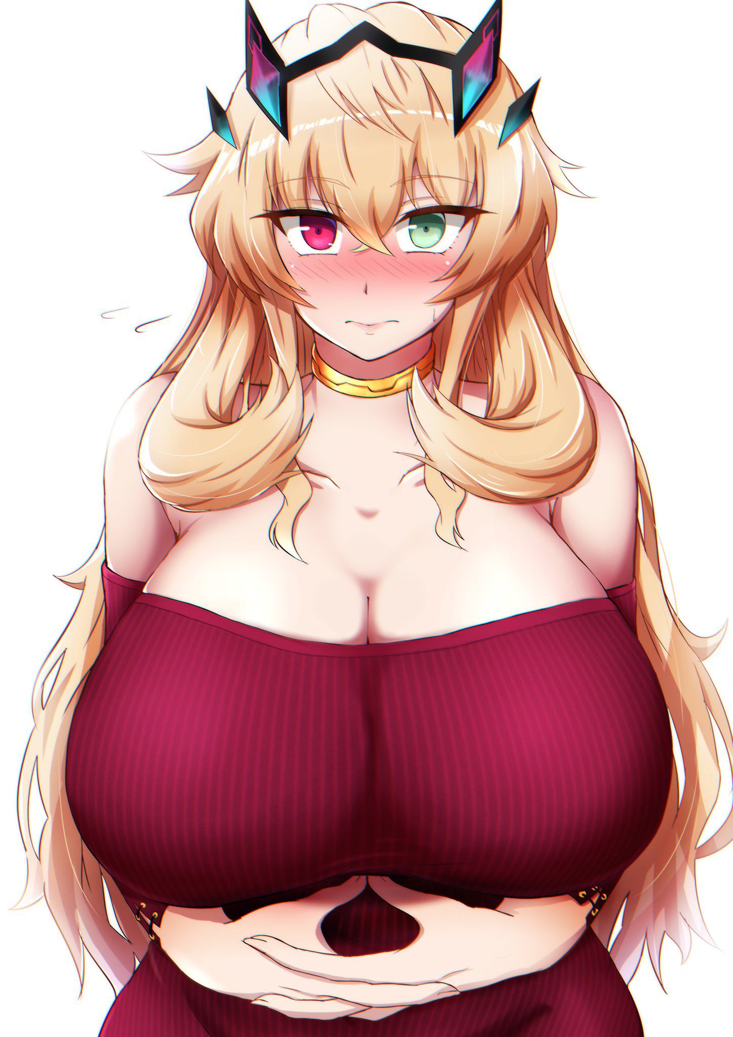 1girl bangs bare_shoulders blonde_hair breasts cleavage closed_mouth collarbone fairy_knight_gawain_(fate) fate/grand_order fate_(series) green_eyes heterochromia highres horns huge_breasts jewelry long_hair long_sleeves looking_at_viewer neck_ring off-shoulder_shirt off_shoulder red_eyes red_shirt shirt solo sotomichi