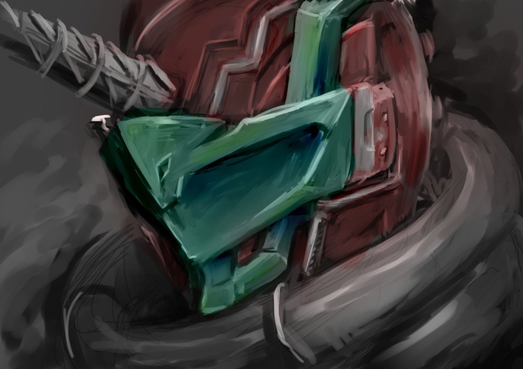 1boy armor blood_stalk blue_horns cobra_(animal) dark_background evil evyngr grey_background head helmet horns jumpsuit kamen_rider kamen_rider_build_(series) looking_to_the_side red_armor red_headwear science_fiction single_horn upper_body vest