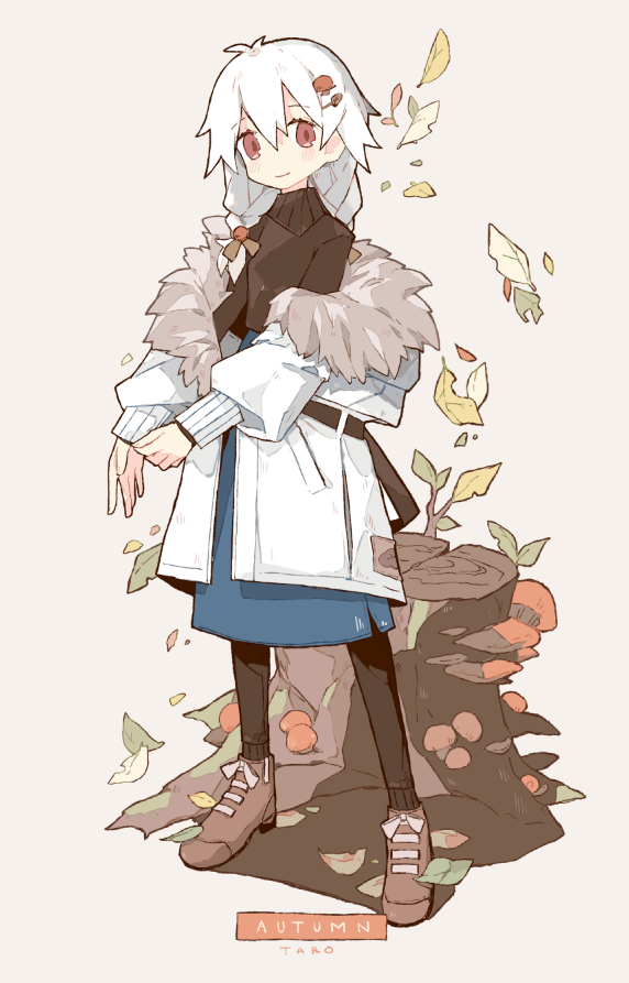 1girl adjusting_clothes ankle_boots antenna_hair autumn autumn_leaves bangs beige_background belt black_belt black_legwear black_sweater blue_skirt blush boots braid branch brown_footwear character_name closed_mouth clothes_down coat english_text eyebrows_visible_through_hair falling_leaves food-themed_hair_ornament full_body fur-trimmed_coat fur_trim hair_between_eyes hair_ornament hair_over_shoulder hairclip hand_up high-waist_skirt leaf leggings legs_apart long_hair long_sleeves looking_at_viewer low_twintails medium_skirt melanbread mushroom mushroom_hair_ornament no_nose open_clothes open_coat original outdoors outstretched_arm patch puffy_long_sleeves puffy_sleeves red_eyes roots shirt_tucked_in shoelaces skirt sleeve_cuffs smile snail solo standing sweater tareme taro_(melanbread) tree_stump turtleneck turtleneck_sweater twin_braids twintails white_coat white_hair