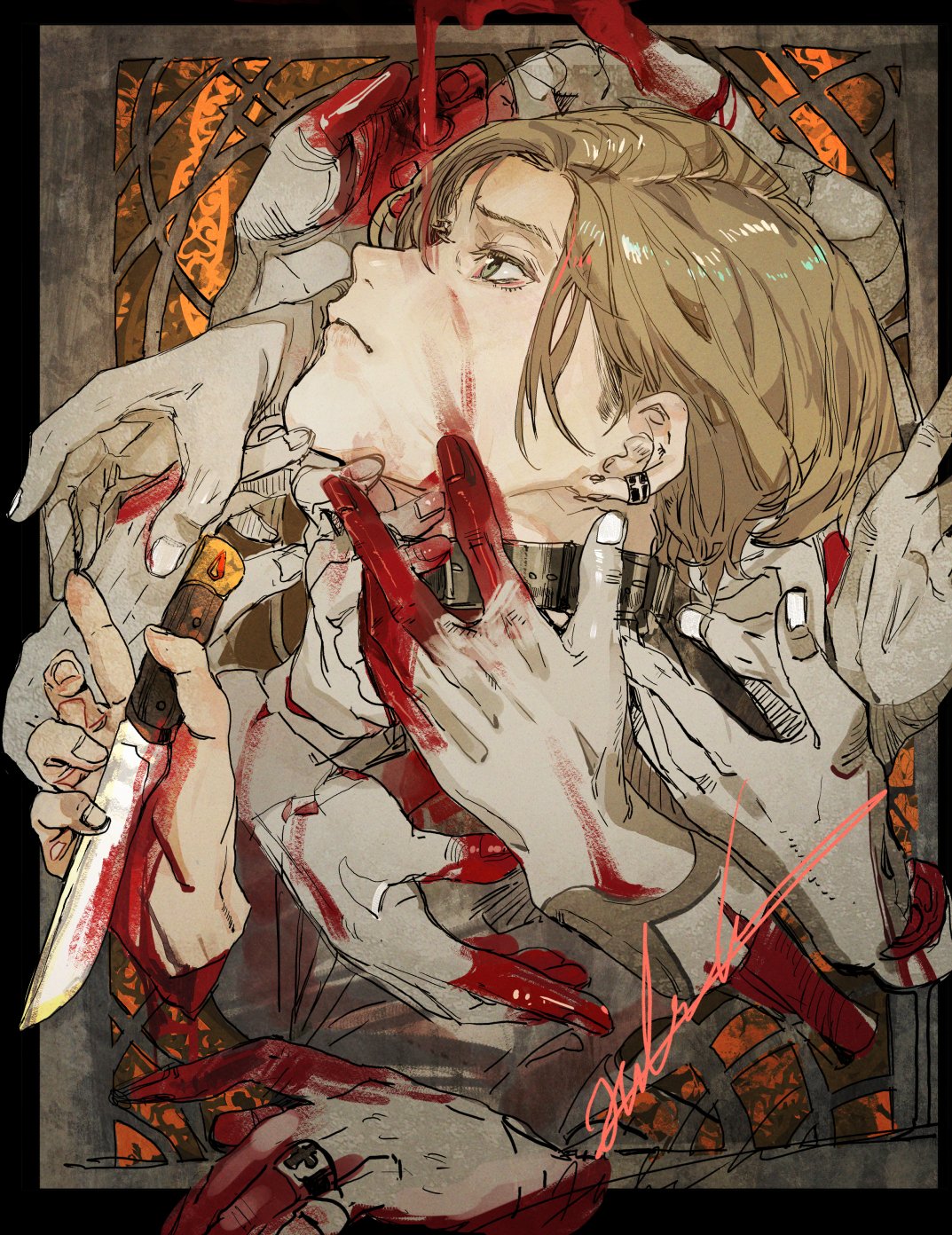 1boy black_border bleeding blonde_hair blood blood_on_hands border cross disembodied_limb dripping earrings fingernails green_eyes hand_on_another's_face highres hiranko holding holding_knife holding_weapon injury jewelry knife male_focus original parted_lips ring signature smeared_blood solo turtleneck weapon