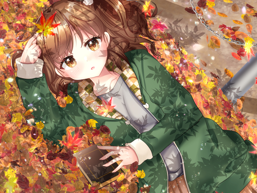 1girl arm_up autumn_leaves blush book breasts brown_eyes brown_hair brown_skirt chain commentary_request day green_jacket grey_shirt holding holding_leaf jacket leaf long_sleeves looking_at_viewer lying maple_leaf medium_breasts misaki_(misaki86) on_side open_clothes open_jacket original outdoors parted_lips plaid pleated_skirt shirt skirt sleeves_past_wrists solo two_side_up