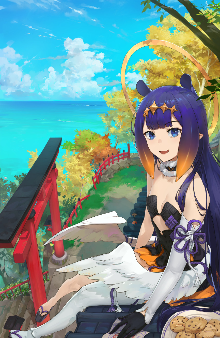 1girl :d bangs bare_shoulders black_gloves blue_eyes blue_sky blunt_bangs breasts cloud commentary cookie day detached_collar detached_sleeves diamond_hairband dress eyebrows_visible_through_hair fang fence food fur-trimmed_collar gloves halo highres hololive hololive_english horizon long_hair looking_at_viewer low_wings mole mole_under_eye ninomae_ina'nis on_roof open_mouth outdoors plate platform_footwear pointy_ears purple_hair single_detached_sleeve sitting skin_fang sky small_breasts smile solo strapless strapless_dress torii tree unsomnus very_long_hair virtual_youtuber white_wings wings