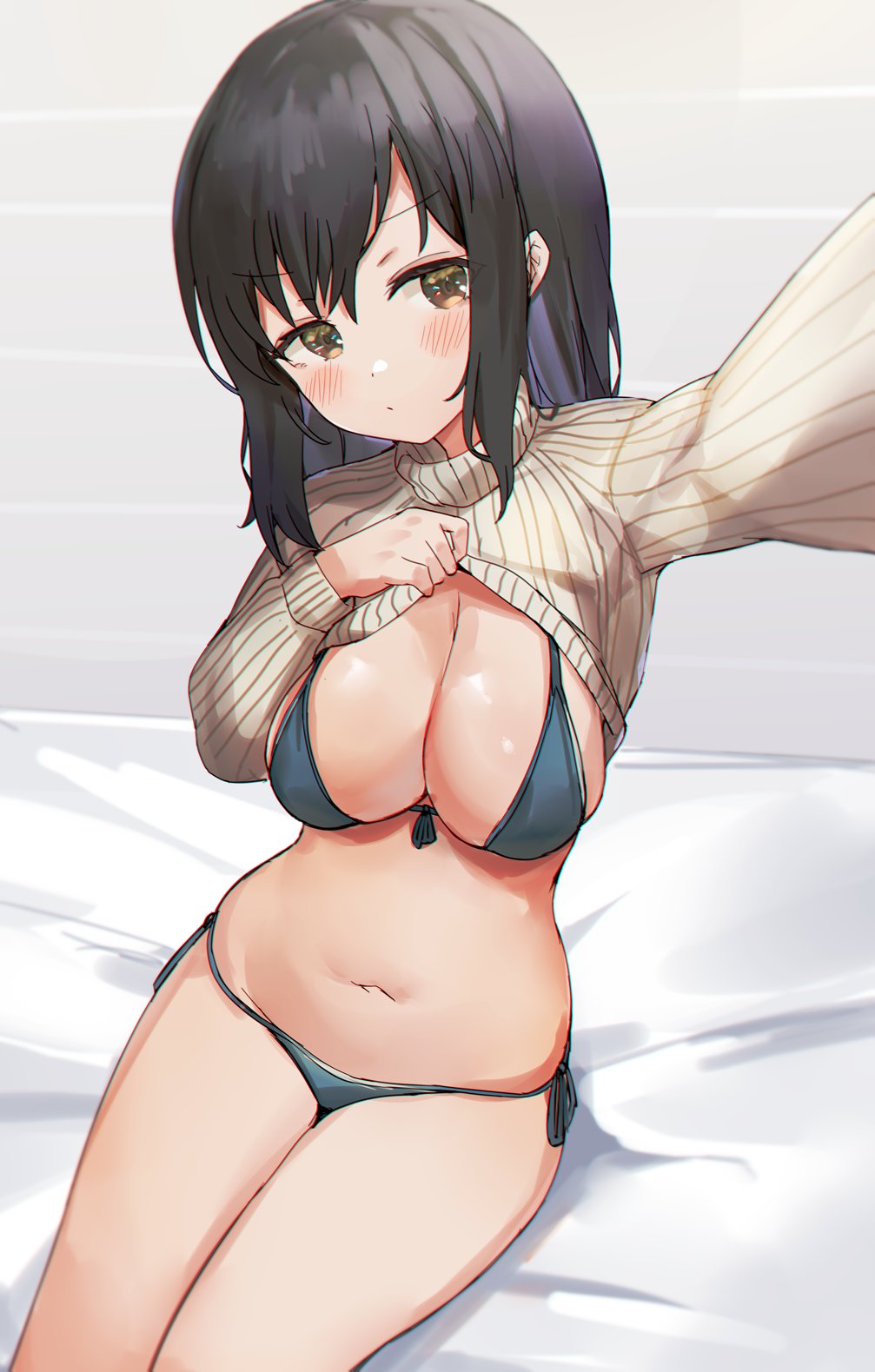 1girl bikini black_hair blue_bikini breasts brown_eyes check_copyright cleavage clothes_lift copyright_request front-tie_bikini front-tie_top frown highres kure_(kure_ng) large_breasts lifted_by_self long_hair long_sleeves looking_at_viewer navel no_pants original ribbed_sweater selfie side-tie_bikini sidelocks sitting solo stomach string_bikini sweater sweater_lift swimsuit thighs white_sweater