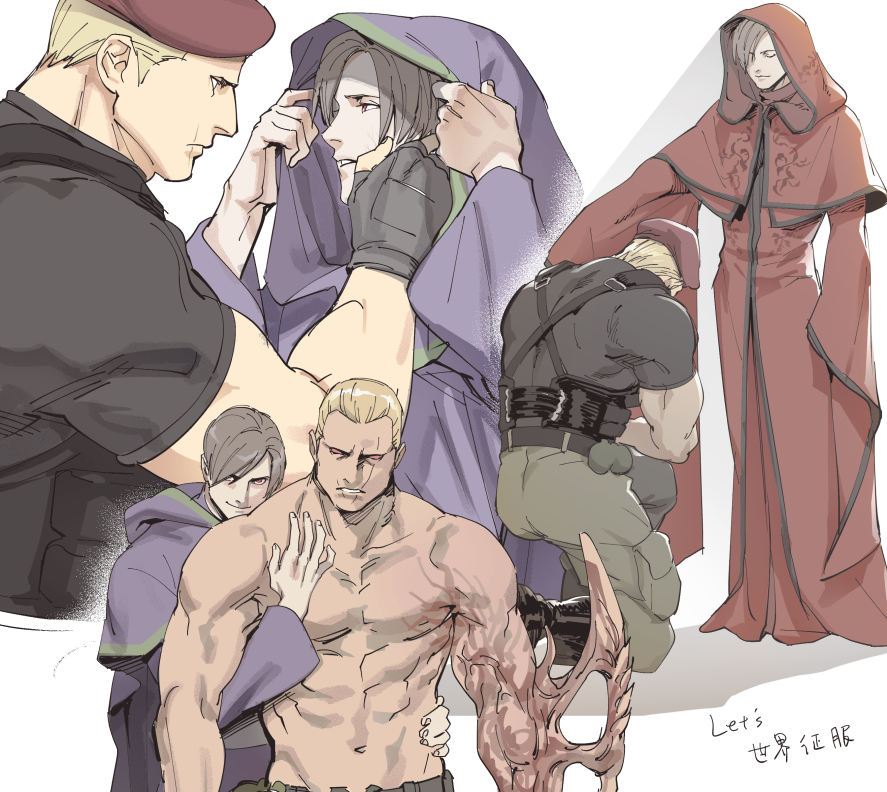 2boys abs bara beret black_gloves blonde_hair boots brown_hair closed_eyes couple evil_smile fingerless_gloves gloves green_pants hand_on_another's_face hat hood hood_down hood_up hooded_robe jack_krauser kneeling large_pectorals leon_s._kennedy multiple_boys muscular muscular_male navel pants pectorals psmhbpiuczn purple_robe red_robe resident_evil resident_evil_4 resident_evil_darkside_chronicles scar scar_on_face scar_on_mouth short_hair smile yaoi
