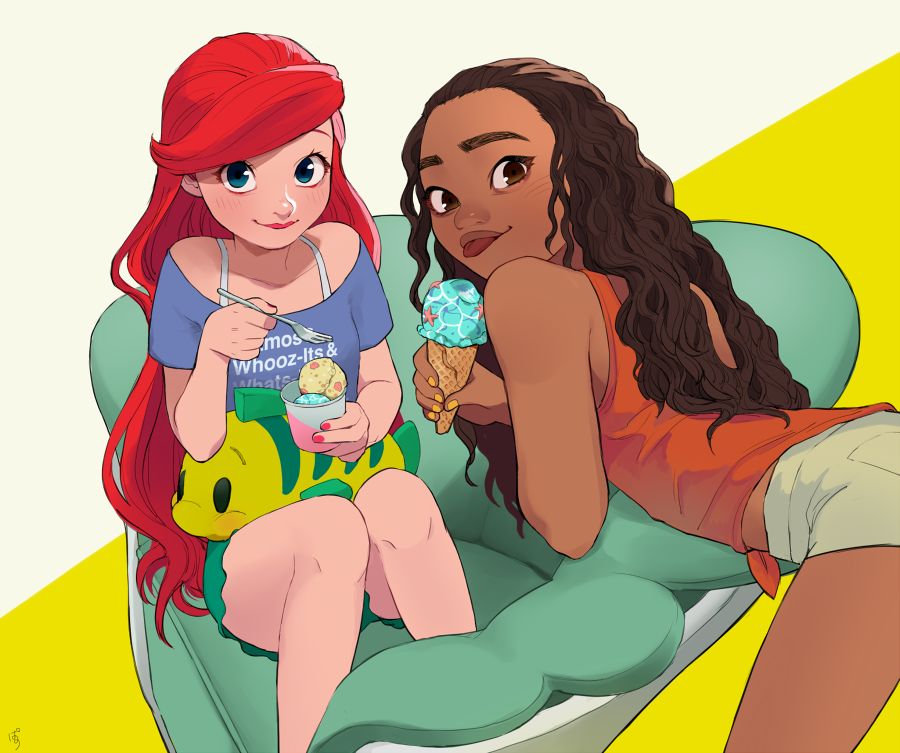 2girls ariel_(disney) armchair bangs bare_arms bare_legs bare_shoulders beige_background beige_shorts bent_over blouse blue_eyes brown_eyes brown_hair chair character_doll closed_mouth clothes_writing collarbone cup curly_hair dark-skinned_female dark_skin eyelashes fingernails flounder_(the_little_mermaid) food fork green_shorts holding holding_cup holding_food holding_fork ice_cream ice_cream_cone knees_together_feet_apart light_blush lips long_hair looking_at_viewer looking_back moana_(movie) moana_waialiki multiple_girls off_shoulder on_chair orange_tank_top pano_(mohayayamai) purple_blouse red_hair red_lips red_nails shorts side-tie_shirt simple_background sitting smile smirk spaghetti_strap stuffed_animal stuffed_fish stuffed_toy swept_bangs tank_top the_little_mermaid thick_eyelashes tongue tongue_out two-tone_background very_long_hair wavy_hair wreck-it_ralph yellow_background yellow_nails