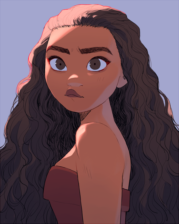 1girl bare_arms bare_shoulders brown_eyes brown_hair curly_hair dark-skinned_female dark_skin eyelashes facing_viewer furrowed_brow grey_background light_blush long_hair looking_afar moana_(movie) moana_waialiki pano_(mohayayamai) pursed_lips sidelighting simple_background solo strapless thick_eyebrows thick_lips tsurime upper_body very_long_hair