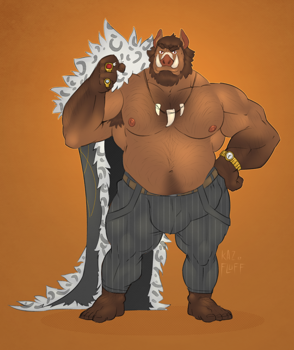 2017 5_fingers 5_toes anthro arm_hair armpit_hair balls_outline beard big_bulge big_muscles body_hair bottomwear broody brown_body brown_fur brown_hair bulge cape chest_hair clock clothed clothing eyebrows facial_hair feet fingers fur genital_outline hair hairy hand_on_hip happy_trail hi_res huge_bulge humanoid_feet humanoid_hands jewelry kazushi leg_hair looking_at_viewer male mammal musclegut muscular muscular_anthro muscular_male necklace nipples pants penis_outline pink_nipples pink_nose plantigrade red_eyes ring simple_background solo standing suid suina sus_(pig) thick_eyebrows tight_clothing toes topless tusks watch wild_boar wristwatch