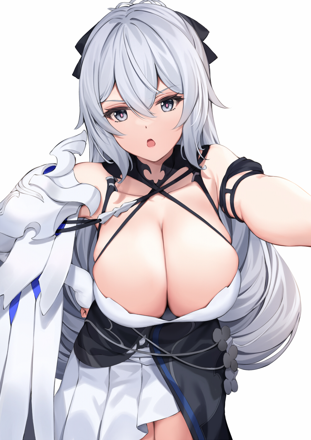 1girl bare_shoulders breasts bronya_zaychik bronya_zaychik_(silver_wing) cleavage collarbone dress eyebrows_visible_through_hair grey_eyes grey_hair hand_on_hip highres honkai_(series) honkai_impact_3rd large_breasts long_hair looking_at_viewer open_mouth pak_ce simple_background single_sleeve sleeveless sleeveless_dress white_background white_dress white_sleeves