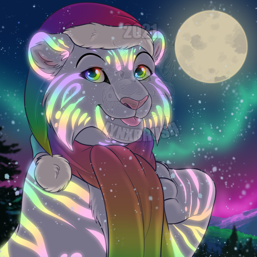 2021 aurora_borealis aurorea_(tigerriser) black_eyebrows black_tear_ducts christmas christmas_clothing christmas_headwear clothing evergreen_tree eyebrows felid female feral full_moon glowing glowing_markings hat headgear headwear holidays icon lynxbrush mammal markings moon mountain mountainscape multicolored_eyes multicolored_markings multicolored_scarf night pantherine paw_on_chest pine_tree pink_nose plant rainbow_eyes rainbow_hat rainbow_markings rainbow_scarf rainbow_stripes santa_hat scarf signature snow snowfall snowing snowing_outside solo stripes tiger tongue tongue_out tooth_showing tree watermark white_body wilderness