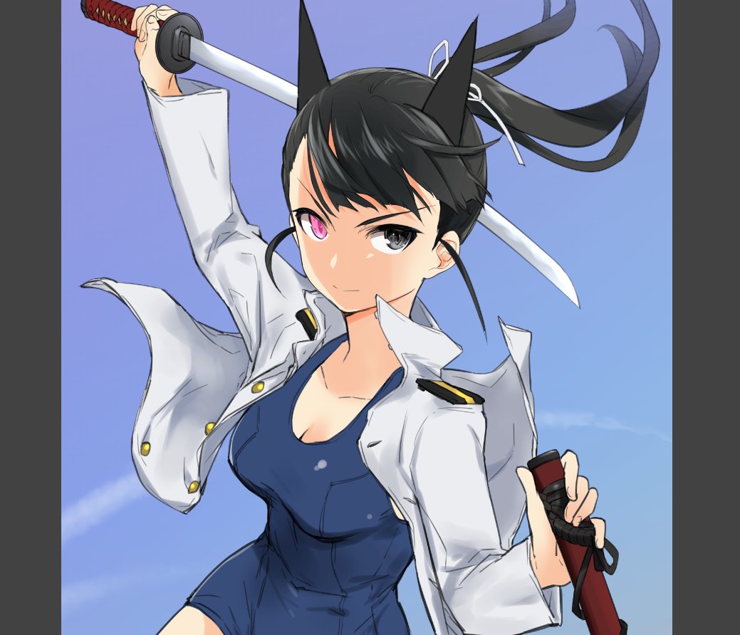 1girl animal_ears aohashi_ame black_hair blue_swimsuit blush breasts cleavage closed_mouth collarbone dog_ears grey_eyes katana large_breasts long_hair looking_at_viewer military military_uniform ponytail sakamoto_mio shiny shiny_hair shiny_skin sky solo strike_witches swimsuit sword uniform weapon world_witches_series